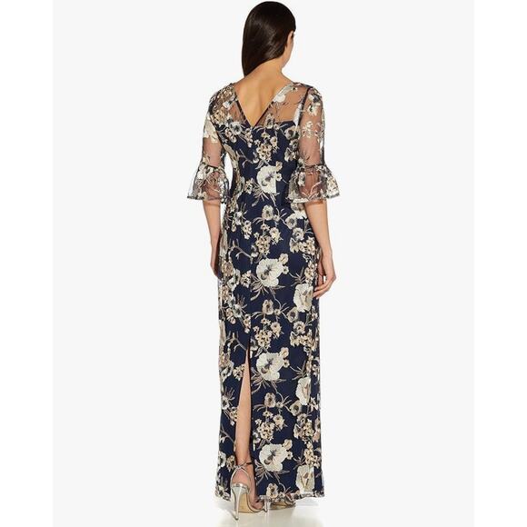 NWT Adrianna Papell Embroidered Floral Column Gown Maxi Dress Navy Blue Size 12 - Picture 2 of 11